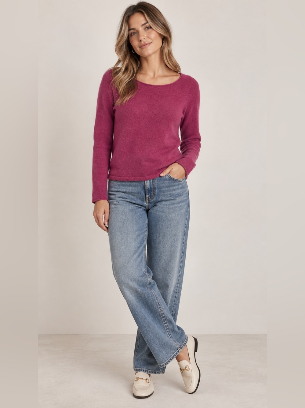 In Cashmere Crewneck Sweater in Fuchsia Pink cashmere medium soft